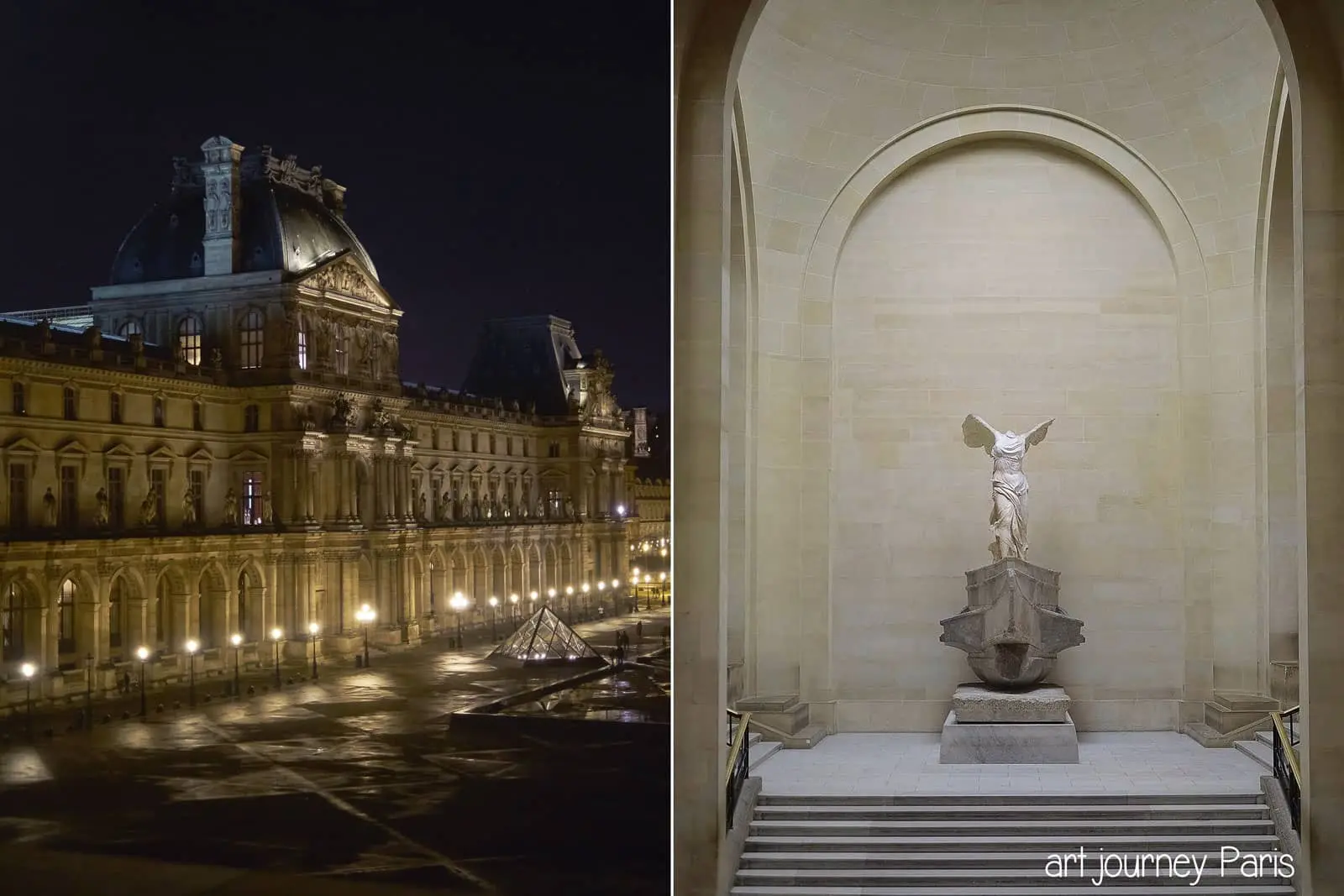 Denon wing at night and Victory of Samothrace in the evening
